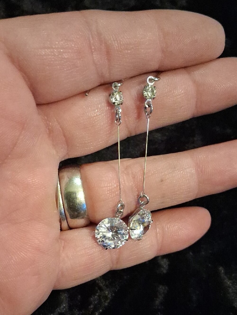 Cubic Zirconia Stick Drop Stones. Long Drop Earrings - Silver Tone